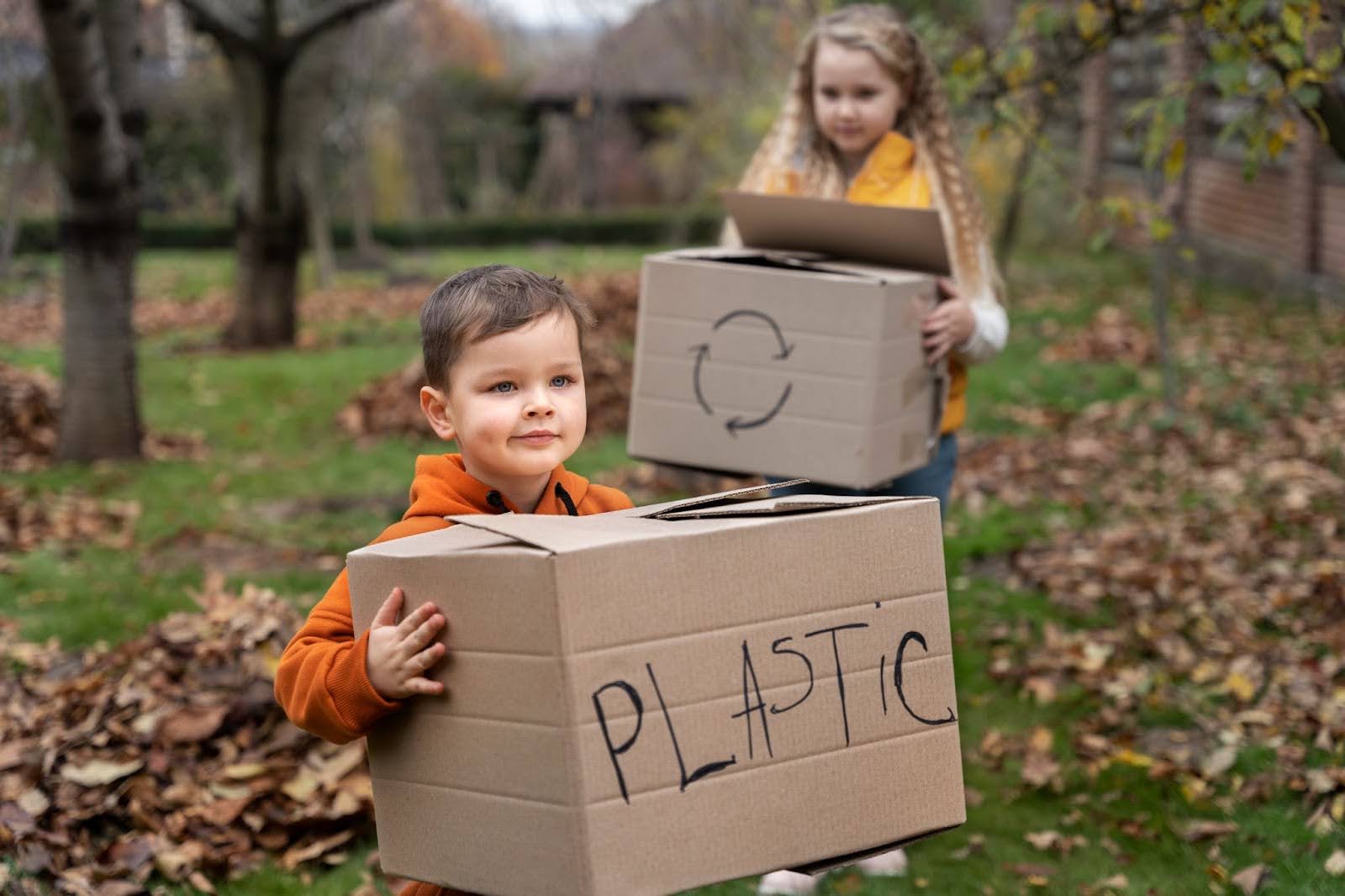 Two people in a leafy park carrying cardboard boxes: the front box labeled “PLASTIC,” the other marked with a recycling symbol, suggesting an outdoor recycling activity