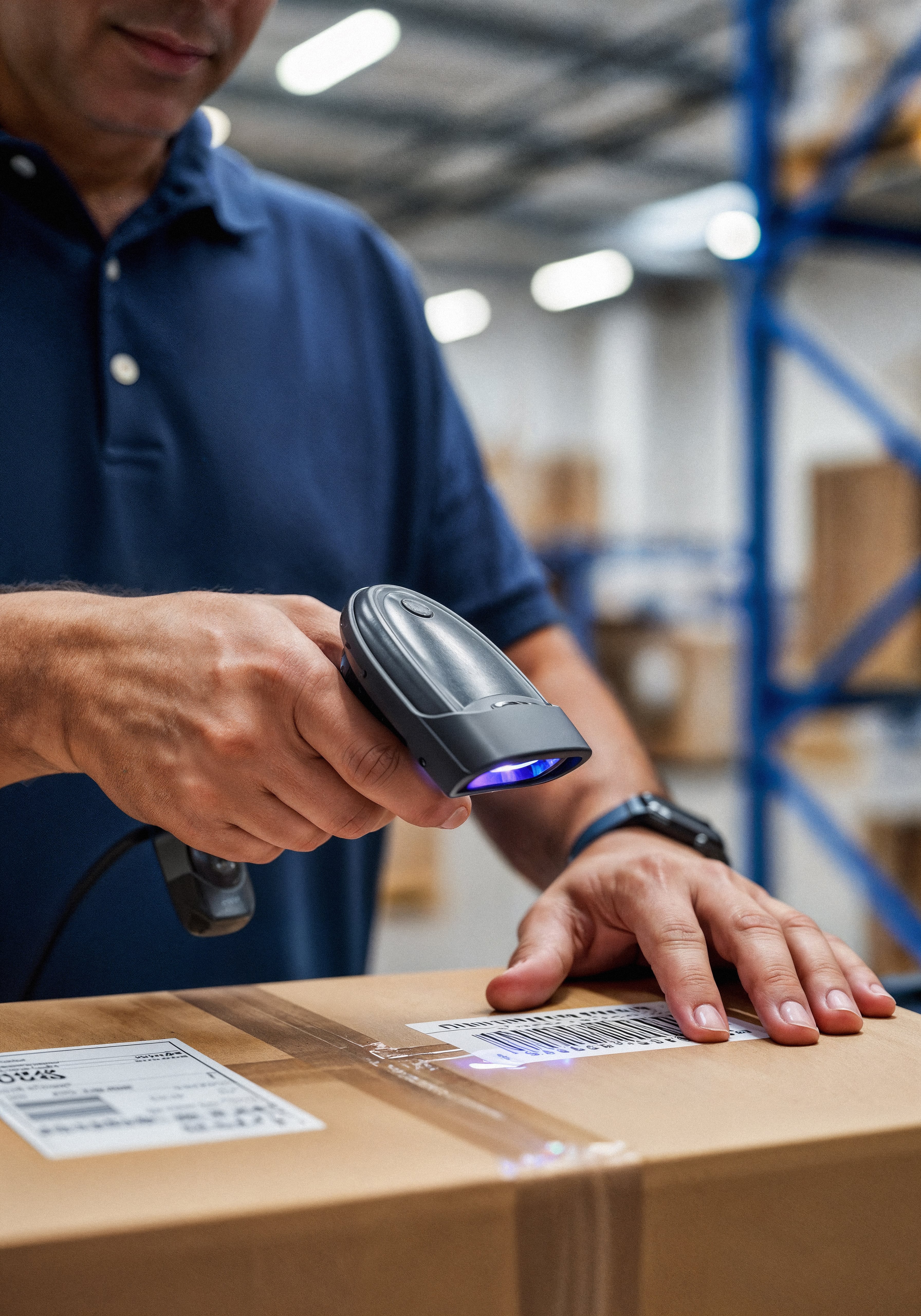 A man in a warehouse scanning a label to see what&rsquo;s inside of the smart label.