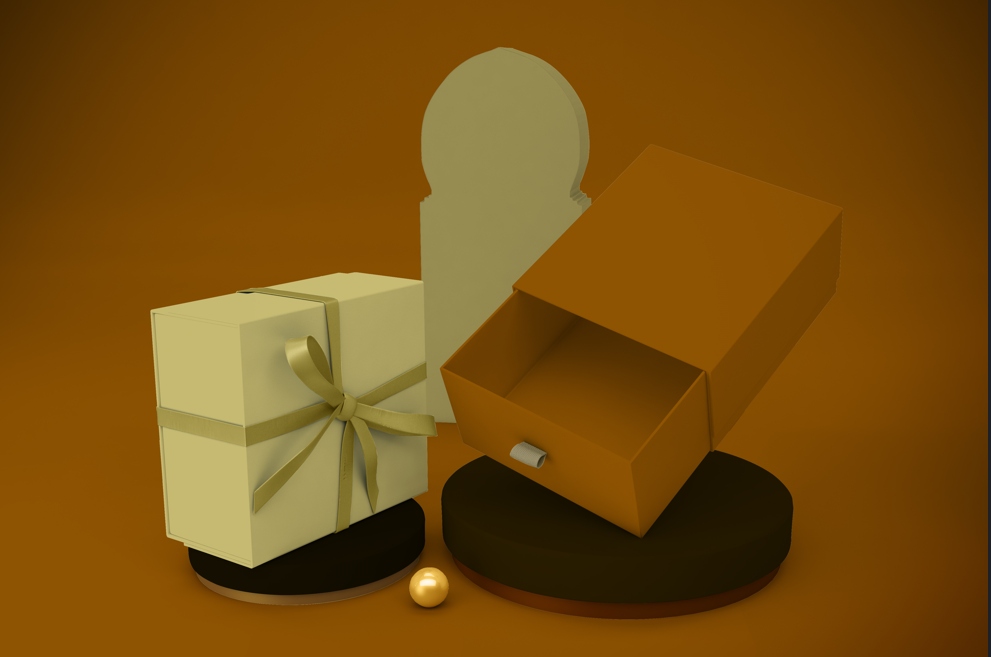 Elegant Ramadan gift boxes with ribbon and drawer design on brown background, perfect for festive packaging and premium unboxing