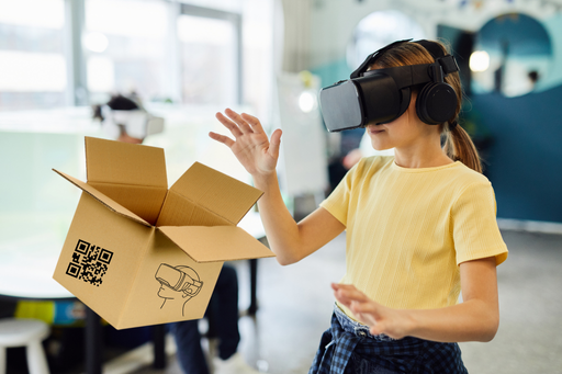 A young woman wearing VR headset and exploring interactive packaging with QR and NFC