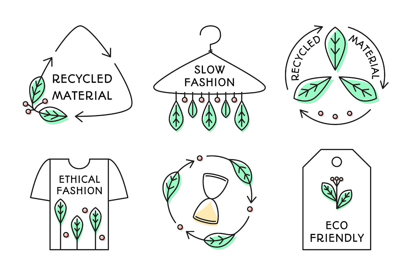Infographic shows a green recycle tee and 5 icons: repurposed denim, plant dyes, recycled-waste pants, renewable fabrics, and bamboo sunglasses